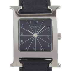 【HERMES】エルメス HH1.210 ステンレススチール×型押しレザー ▢G クオーツ アナログ表示 レディース 黒文字盤 腕時計