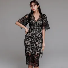 【グラシア】キャバドレス ミディアムドレス ハイウエスト タイト ワンピース キャバ嬢 キャバクラ ラウンジ 花柄 Vネック 総レース 切り替え 膝丈 レディース