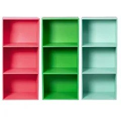 カラーボックス3段 　3個セット（コーラルレッド/グリーン/ミントグリーン）本棚　カラフル　おもちゃ　教科書　絵本　子供部屋　家具　木製　３段　３個（コーラル１、グリーン１、ミント１）※※北海道・沖縄県・離島別途送料有・説明文をお読みください※※