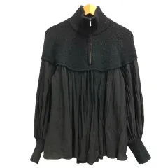 ココディール COCO DEAL ニット ドッキング ブラウス プリーツ フレア ハーフジップ ハイネック 長袖 2 黒 ブラック