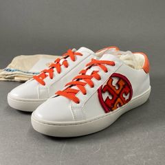 1e12 【美品】 TORY BURCH トリーバーチ T-Logo Fil Coupe Sneaker ロゴスニーカー 6M ホワイト オレンジ レザー シューズ