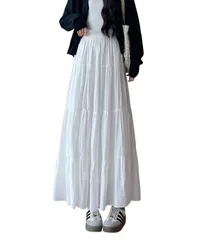 [motayu18] 優雅に揺れる スカート 脚長 ロングスカート マキシスカート 体型カバー ウエストゴム 裏地付き レディース マキシ丈 フレア 大きいサイズ (JP, アルファベット, L, 標準, ホワイト) [ホワイト] [L] [標準]