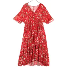 美品 ZARA ザラ 花柄 半袖 ロングワンピース XS レッド レディース 古着