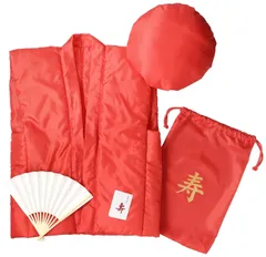 【迅速発送】コトブキニッキ 祝着 還暦祝いご長寿5点セット(赤ちゃんちゃんこ 頭巾 祝扇子 化粧袋 栞) 赤 朱色 日本 F-(FREE サイズ)
