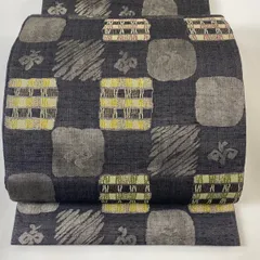 袋帯 美品 名品 幾何学模様 箔 黒灰 六通 正絹 【中古】