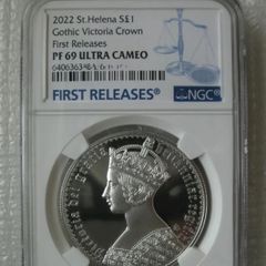 英国ビクトリアゴシッククラウンワイオンデザインセントヘレナポンド2022銀貨NGC PF69