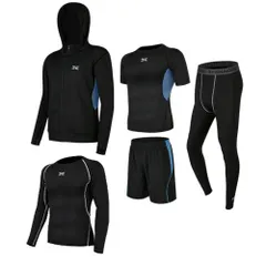 ☆ ブルー ☆ L ☆ トレーニングウェア 5点セット メンズ jytp40 トレーニングウェア メンズ 上下 フィットネスウェア スポーツウェア ランニングウェア ショートパンツ 半そで パーカー 長袖 レギンス トップス 筋トレ ウオーキング おしゃれ