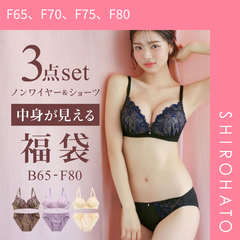 10％OFF【SHIROHATO公式】【正規品・新品】選べる2タイプ ノンワイヤー ブラジャー ショーツ 3点セット 刺繍レース＆ワントーンレース 福袋 アンダー80 下着 レディース(F65、F70、F75、F80)