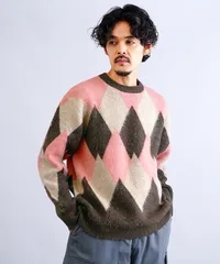 新品 未使用 JIGGYS SHOP(ジギーズショップ)モヘアタッチアーガイルクルーネックニットセーター 217564 ブラウンのサムネイル