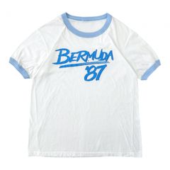 L 80s ヴィンテージ リンガーTシャツ BERMUDA ロゴ シングルステッチ コットンポリ ホワイト ブルー 水色