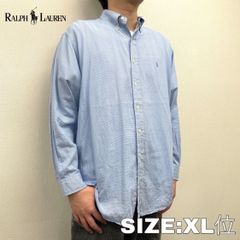 ラルフローレン ボタンダウンシャツ 千鳥格子 ロングスリーブ ワンポイント ロゴ 刺繍 長袖 16 32/33 ブルー×ホワイト