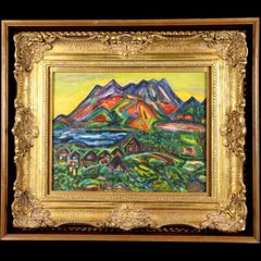 F4号】手描き作品 山下清【桜島】額縁 サイン 落款 共シール 絵画 風景