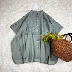 新品 シフリー刺繍ブラウス アイレットレース コットン ミント フリー