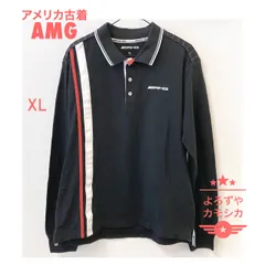 アメリカ古着　AMG　ライン入り　トップス　長袖　ポロシャツ　ブラック　メンズ　XLサイズ　ランダムストライプ　英字プリント　アメカジ　USA　春　夏　秋　冬