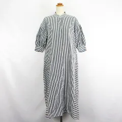 ケイビーエフ KBF アーバンリサーチ シャツワンピース チュニック 七分袖 パフスリーブ ドロップショルダー バンドカラー ロング丈 ストライプ 比翼 コットン One ブラック×ホワイト ※EKM