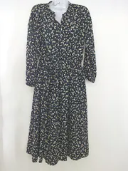 ◇ chocol raffine robe バンドカラー Vネック 花柄 長袖 膝下丈 ワンピース サイズF ダークネイビー マルチ レディース  【中古】 【1206130003006】