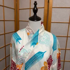 浴衣　身丈165cm　綿　白　水色　赤　花柄　レディース　モダン　洗える浴衣