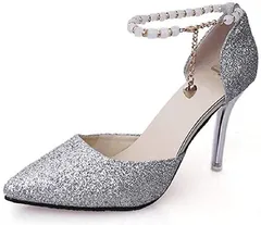 COUGA おしゃれ ベルト付き パンプス ヒール 5cm 結婚式 パーティ レディース 23.0cm(シルバー,  23.0 cm)