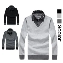 Vネックニットセーター ニット メンズ プルオーバー セーター 重ね着風 ニットウェア Vネック 長袖 無地 トップス 春 メンズファッション おしゃれ かっこいい 大人 シンプル　fkms2