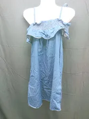 ◇ 美品 DAZZLIN デニムオフショルダー シャーリング ひざ丈 かわいい - ひざ丈 ワンピース サイズF ブルー レディース E  【1304050029806】