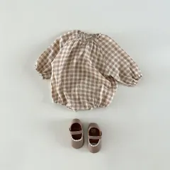 ☆ ベージュ×チェック ☆ 80適応身長73-80cm ☆ ロンパース ベビー ロンパース 長袖 ボディスーツ ショートオール ボディオール ベビー服 かぶり 柄 赤ちゃん 服 男の子 女の子 秋冬 春秋 おしゃれ かわいい オシャレ 可愛い 春 秋 冬
