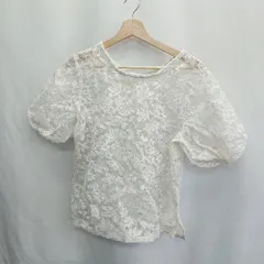 ◇ ⊂ JUNOAH ジュノア 花柄刺<!-利用不可文字-!> パフスリーブ 半袖 シアーブラウス サイズL ホワイト レディース E  【1412090035814】