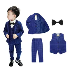 Color:ブルー_Size:130 [ALICE] 男の子フォーマルスーツ キッズスーツ 子供服 スーツセット 4点セット ジャケット、ベスト、ズボン 、蝶ネクタイ おしゃれ かっこいい 入学式 七五三 卒業式 スリムタイプ 90-182cm