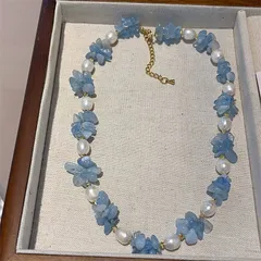 ネックレス 天然石 ブルー 合成宝石 パール ヴィンテージ 高級感XuA2874