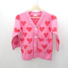 ◇ ⊇ LOWRYS FARM ハート柄 Vネック 長袖 ニットカーディガン サイズ2 ピンク レッド キッズ E  【1502180049286】