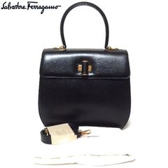 良品★Salvatore Ferragamo ターンロック ガンチーニ ロゴ レザー 2Way ショルダー ハンドバッグ 黒 フェラガモ★