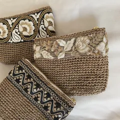 インド刺繍リボン‧✧̣̇‧ラフィアポーチ