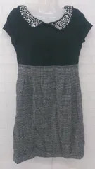 ◇ QUEENS COURT クイーンズコート 襟付き 装飾 半袖 ミニ ワンピース サイズ2 ブラック グレー系 レディース P  【1307040005910】