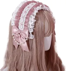 MORY TRADE morytrade カチューシャ ヘッドドレス 髪飾り レディース コスプレ リボン ゴスロリ ロリータ レース(あずき色)