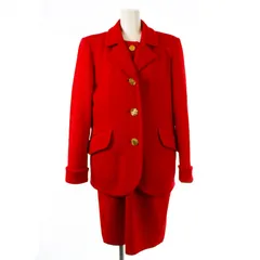イヴサンローラン YVES SAINT LAURENT 3点セット ワンピース フレア ミモレ ロング 長袖 テーラードジャケット 総裏地 金ボタン ニット ペチコート付き M L 赤 レッド /KUのサムネイル