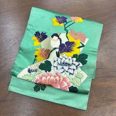 アンティーク　昼夜帯　アールデコ　猫　りす　白鳥　レア　グリーン　繻子 アンティーク 昼夜帯 アールデコ 猫 りす 白鳥 レア グリーン 繻子