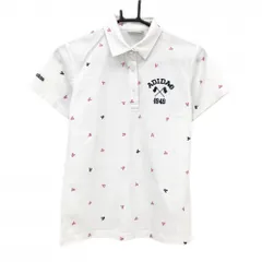 【超美品】アディダス 半袖ポロシャツ 白×ピンク アルファベット総柄 ロゴ刺しゅう レディース M ゴルフウェア adidas
