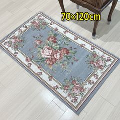 玄関マット　シェニールマット 　ゴブラン織り　70×120㎝　ローズ　バラ　フラワー　マット　ラグ　エレガント インテリア おしゃれ かわいい 滑り止め 洗える  玄関マット 薔薇 花柄 　姫系　ブルー　水色　青