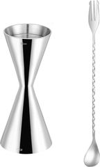 カクテルセット メジャーカップ 30ml / 45mlジガーカップ 目盛り付き バースプーン 30cm ステンレス製カクテルシェーカーセット バー用品・道具 カクテルシェーカー バーテンダーの道具 ステンレス製カクテルセット カクテル計量カップ (銀)