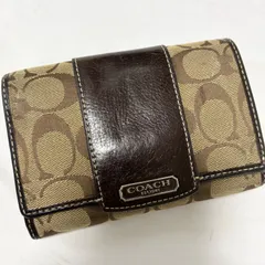 【送料無料】COACH/コーチ/二つ折り財布/サイフ/ウォレット/ベージュ×ブラウン/シグネチャー/内側パープル/中古品