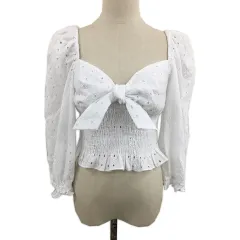 ザラ ZARA カットソー ブラウス プルオーバー レース 刺繍 パフスリーブ 七分袖 USA L 白 ホワイト