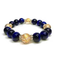 12mm 四神獣金彫水晶×ブルータイガーアイ パワーストーン ブレスレット天然石 運気上昇 金運 開運 お守り 青龍 白虎 玄武 朱雀 （シルバー）メンズ・レディース 男性・女性 数珠ブレス 開運 ■