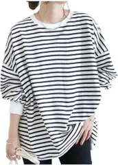 ROOOOM ボーダーTシャツ レディース ドルマン風カットソー 大人カジュアル 長袖 トップス 4色展開(ホワイト/ブラック,  M)