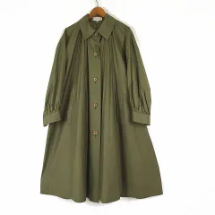 イヴサンローラン YVES SAINT LAURENT ヴィンテージ 90’S コート ステンカラーコート タック ギャザー フレアシルエット コットン S カーキ 国内正規品のサムネイル