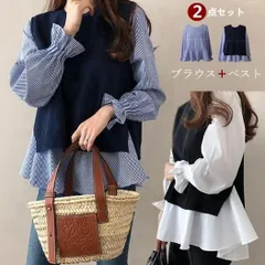 ブラウス シャツ 長袖 ベルスリーブ ラウンドネック 丸首 レイヤード風 重ね着 ストライプ ニットベスト セットアslk26