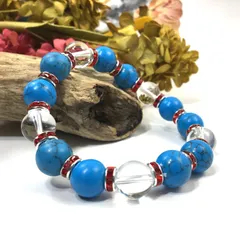 ターコイズ&水晶 パワーストーン ブレスレット 12mm （レッド）メンズ・レディース　男性・女性　数珠ブレス　開運  [17]