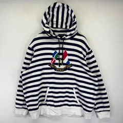 古着 ポロ・ラルフローレン POLO RALPH LAUREN パーカー スウェット フーディ ボーダー ロゴ刺繍 プルオーバー XXL  ホワイト メンズ