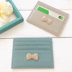 キラキラスワロリボン　名刺入れ　　本革パスケース  ブルー　ベージュ　極薄