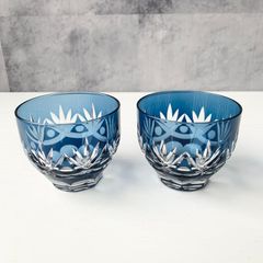 切子硝子 ロックグラス ペア 二個セット 青 藍 ブルー 花見 焼酎  日本酒