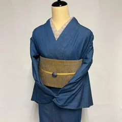 （中古品） レディース デニム 柄入り 着物 ブルー BL 梅小桜 2点セット 帯 半幅帯 久留米織 BOTAN 日本製 赤 松葉色 リバーシブル