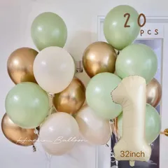 【 風船２０個＆くすみカラーナンバーバルーンセット 】　誕生日飾り風船セット　パーティ飾り　ウェディング　結婚式　グリーン系　ゴールド　くすみカラーナンバーバルーン付き
